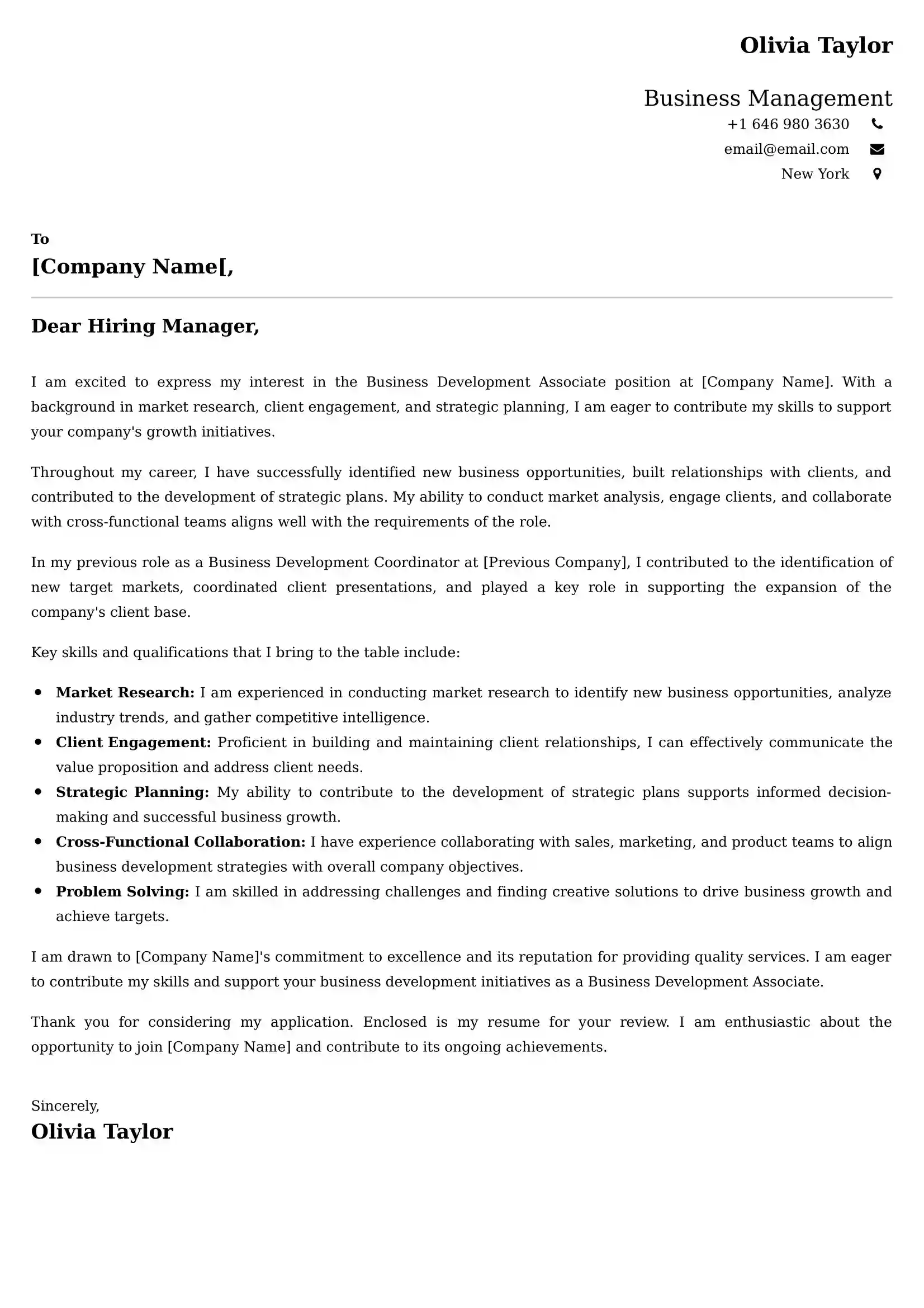 Business Management Cover Letter Sample