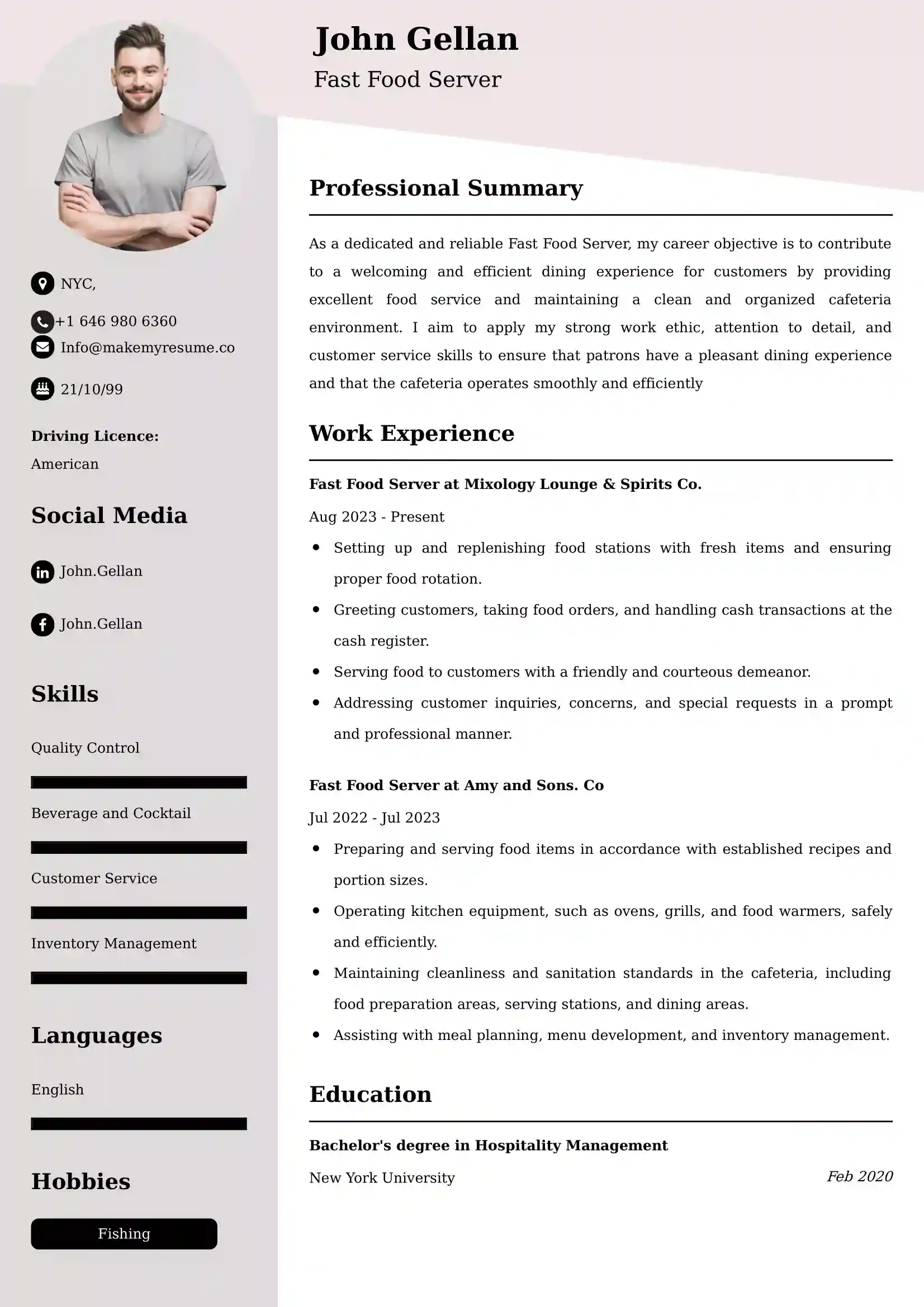 Fast Food Server Resume Sample