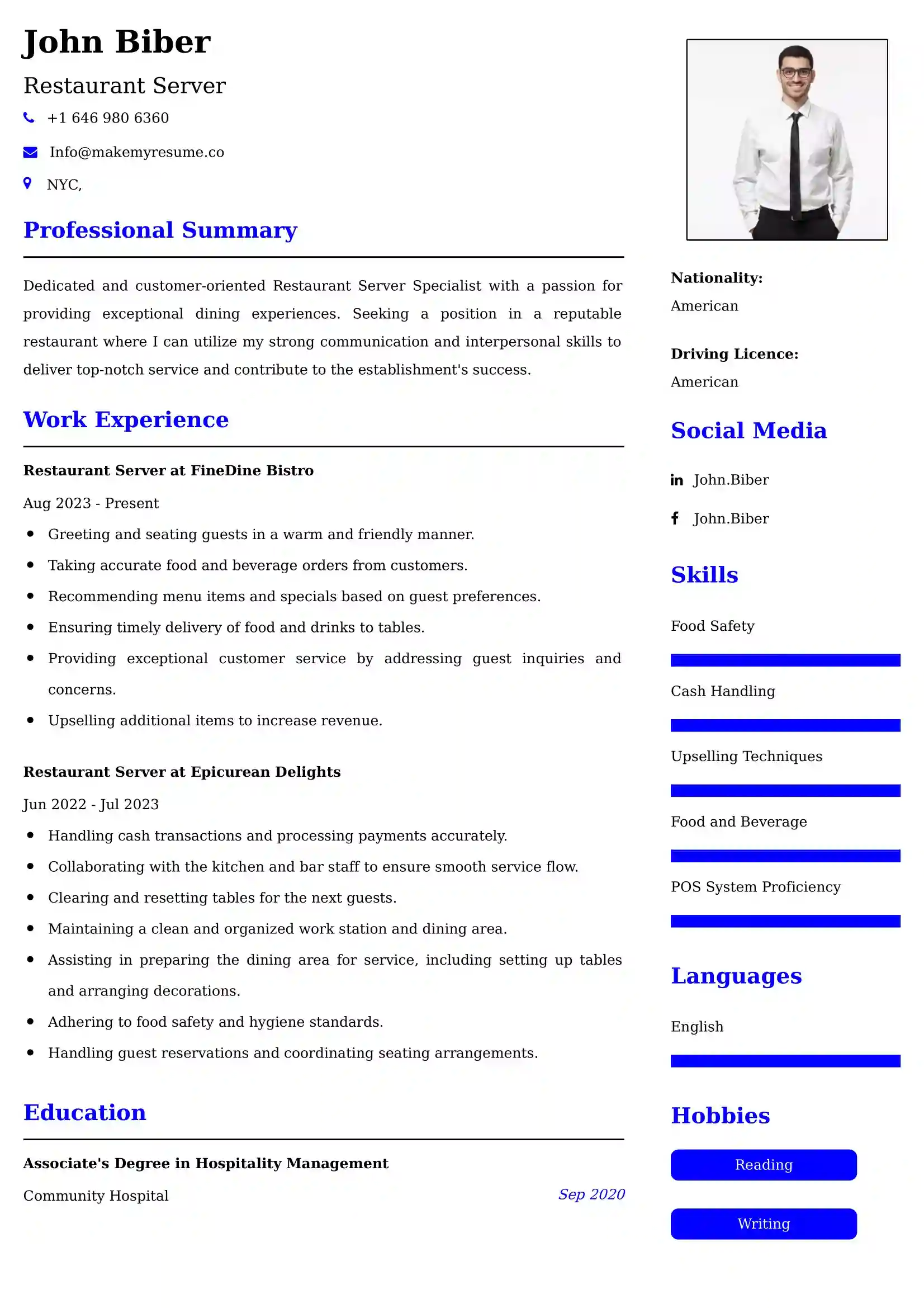 Restaurant Server Resume Sample