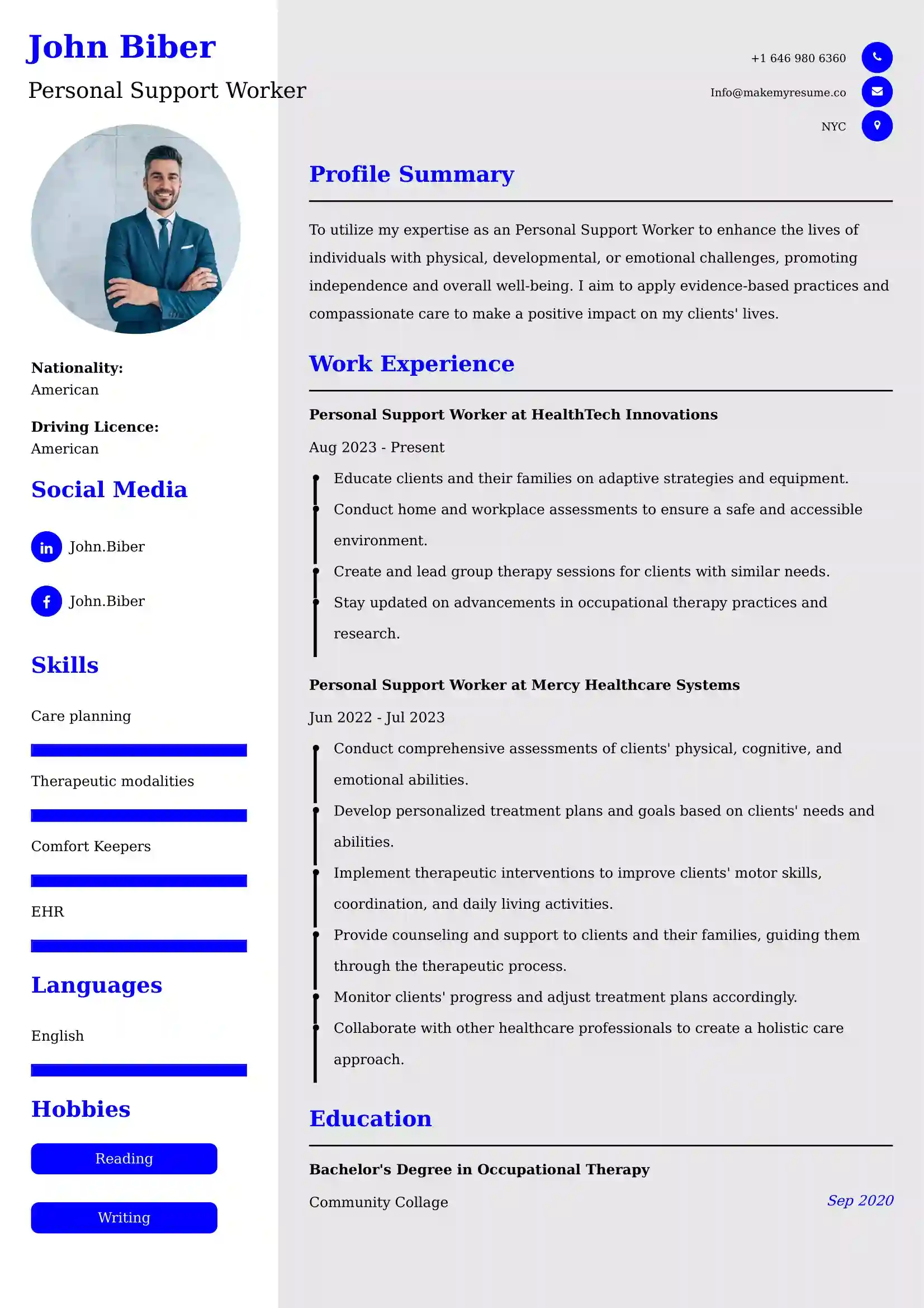 Personal Support Worker Resume Sample