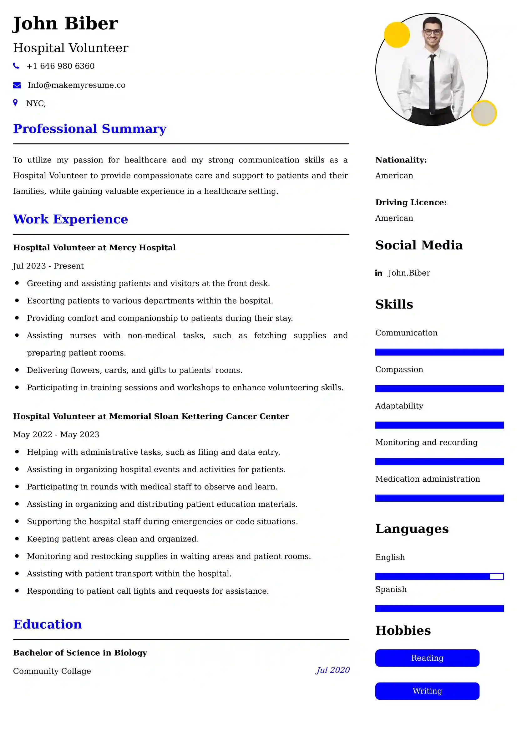 Hospital Volunteer Resume Sample