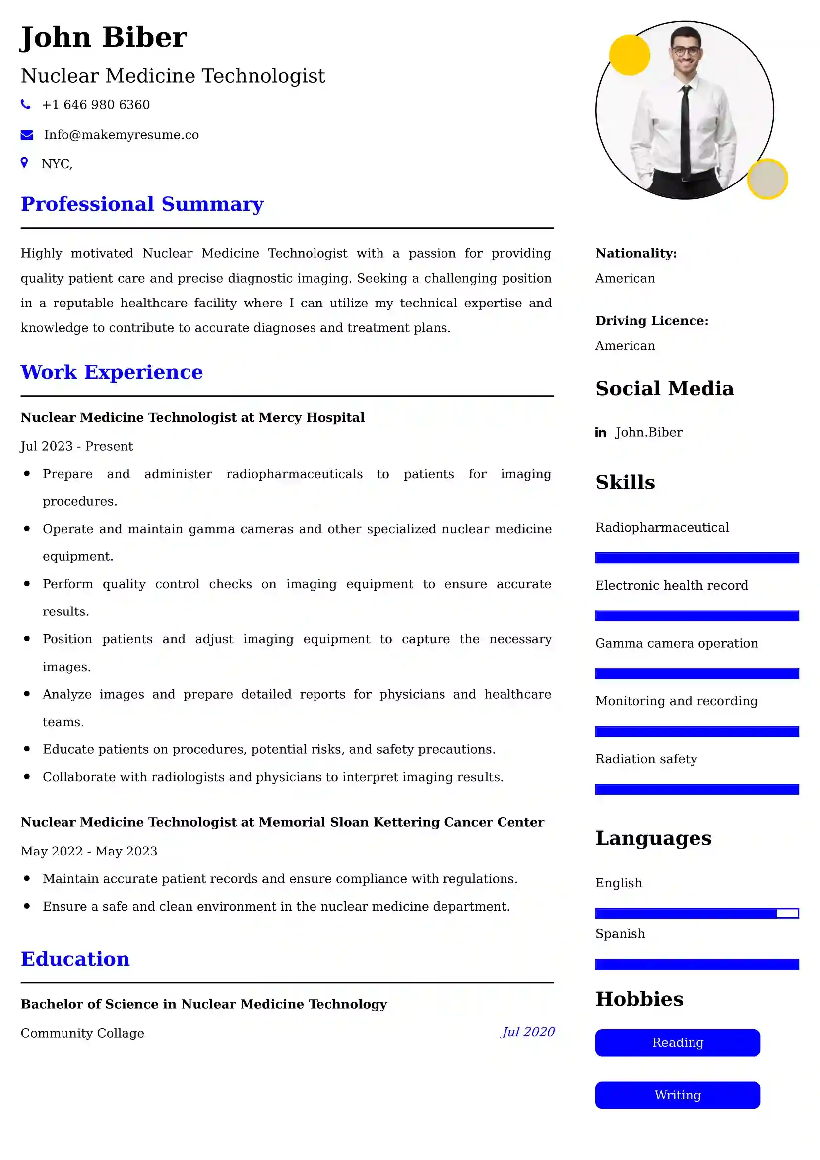 Nuclear Medicine Technologist Resume Sample