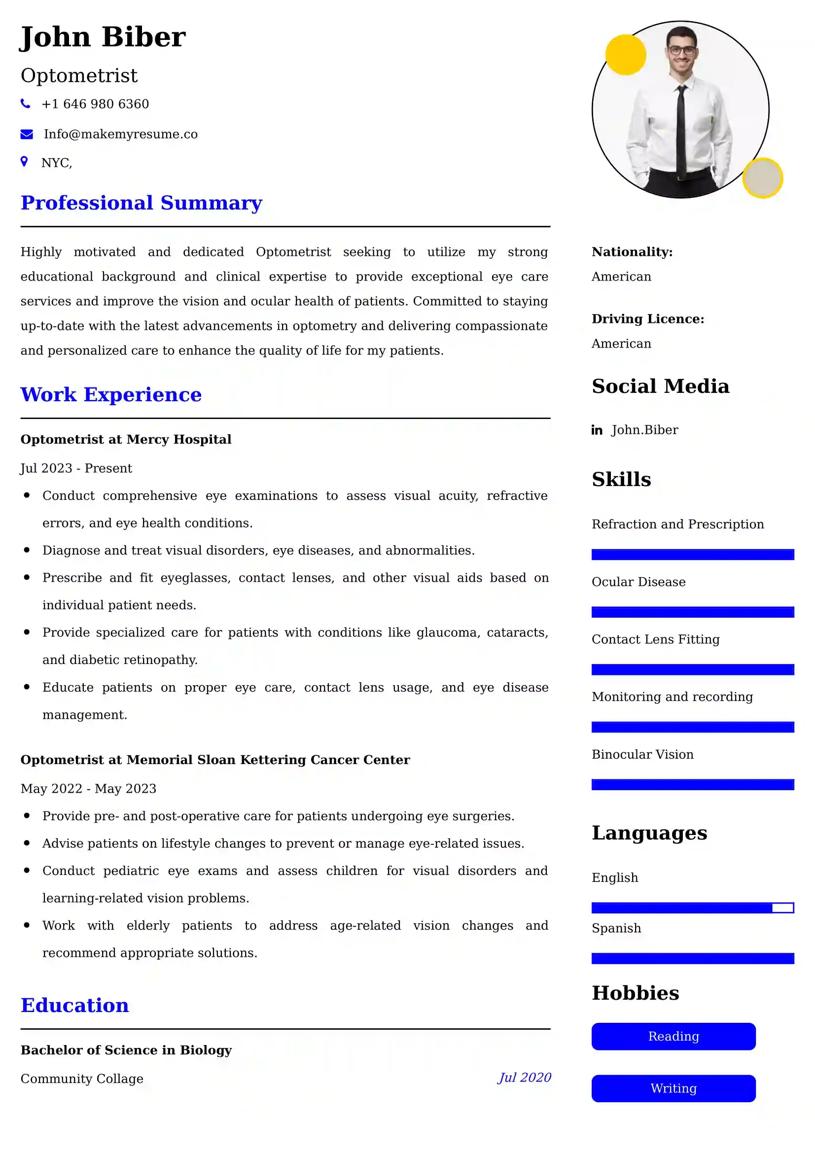 Optometrist Resume Sample