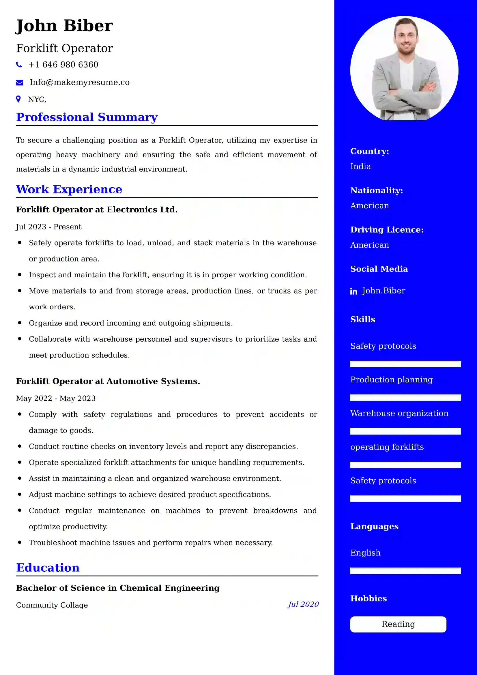 Forklift Operator Resume Sample