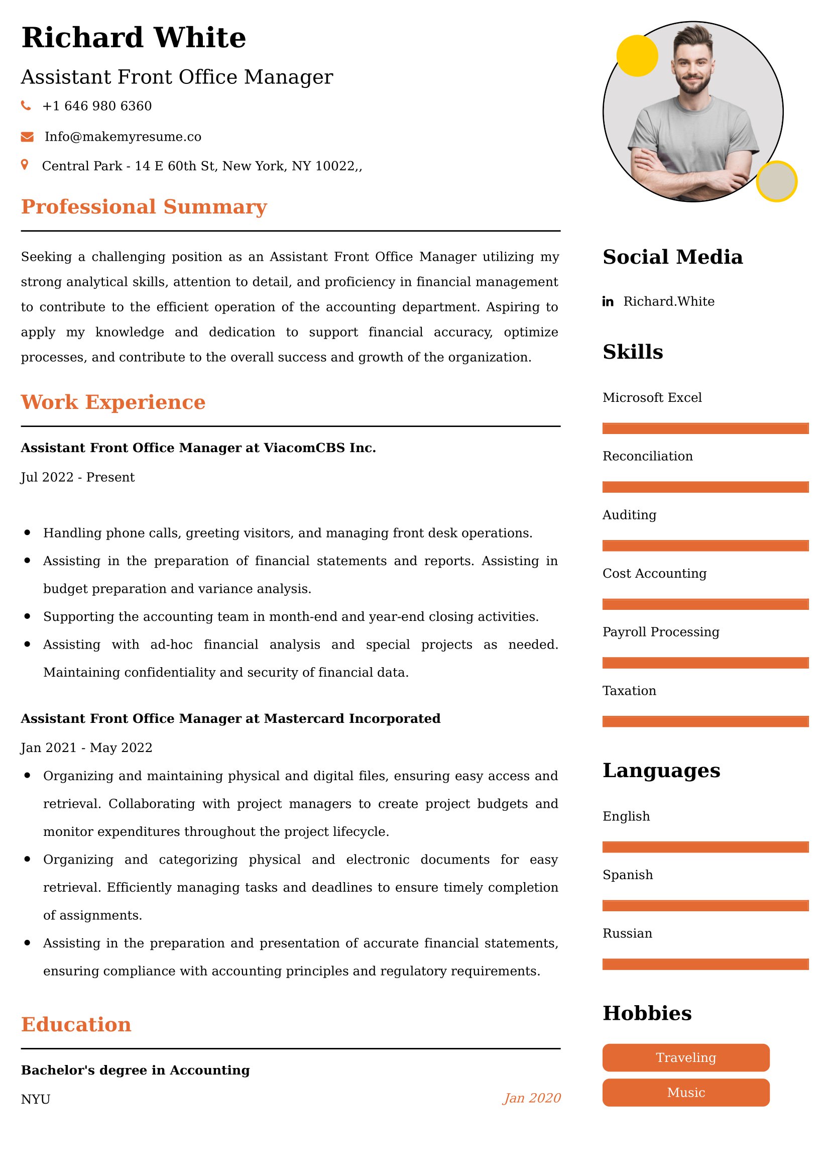 Assistant Front Office Manager Resume Sample