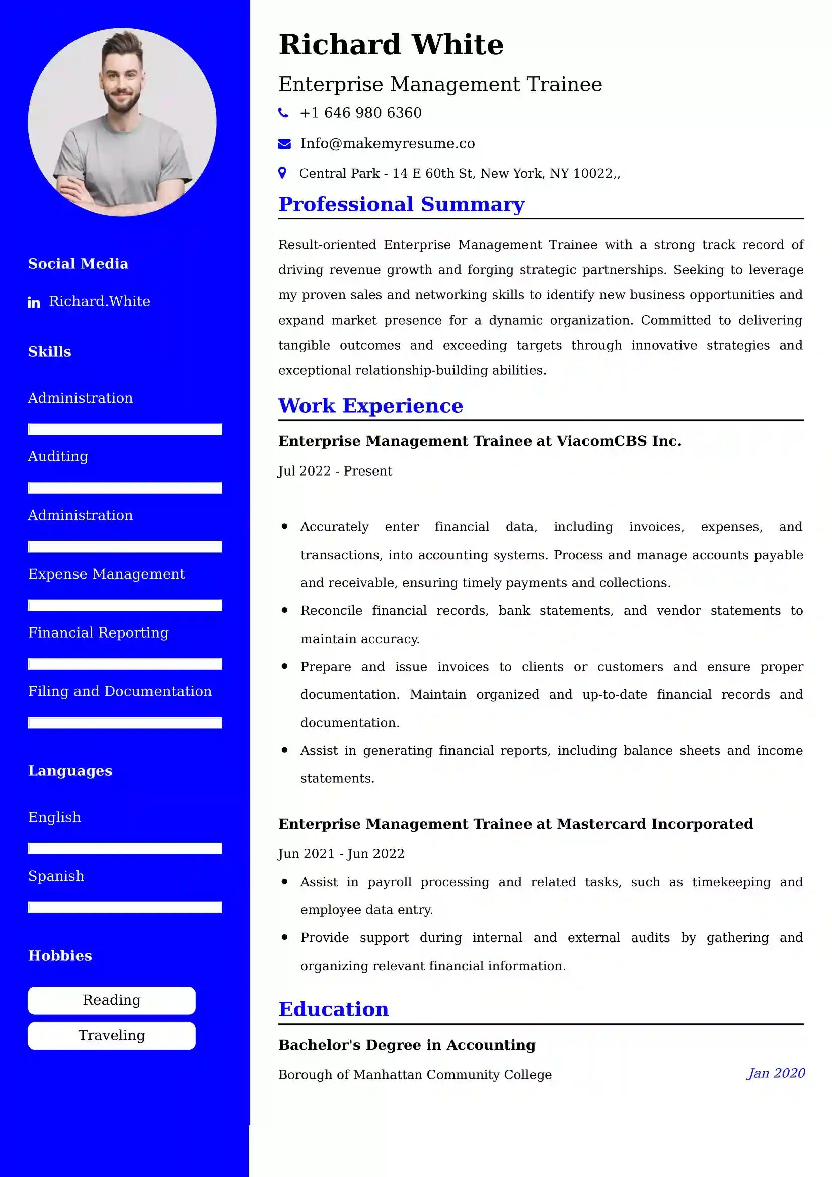 Enterprise Management Trainee Resume Sample