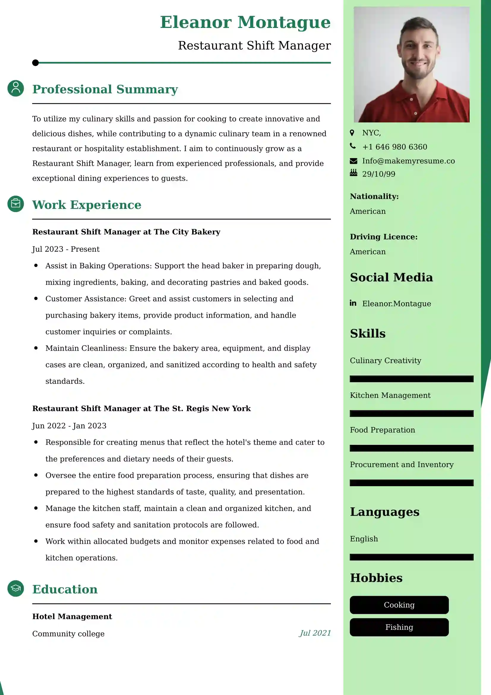 Restaurant Shift Manager Resume Sample