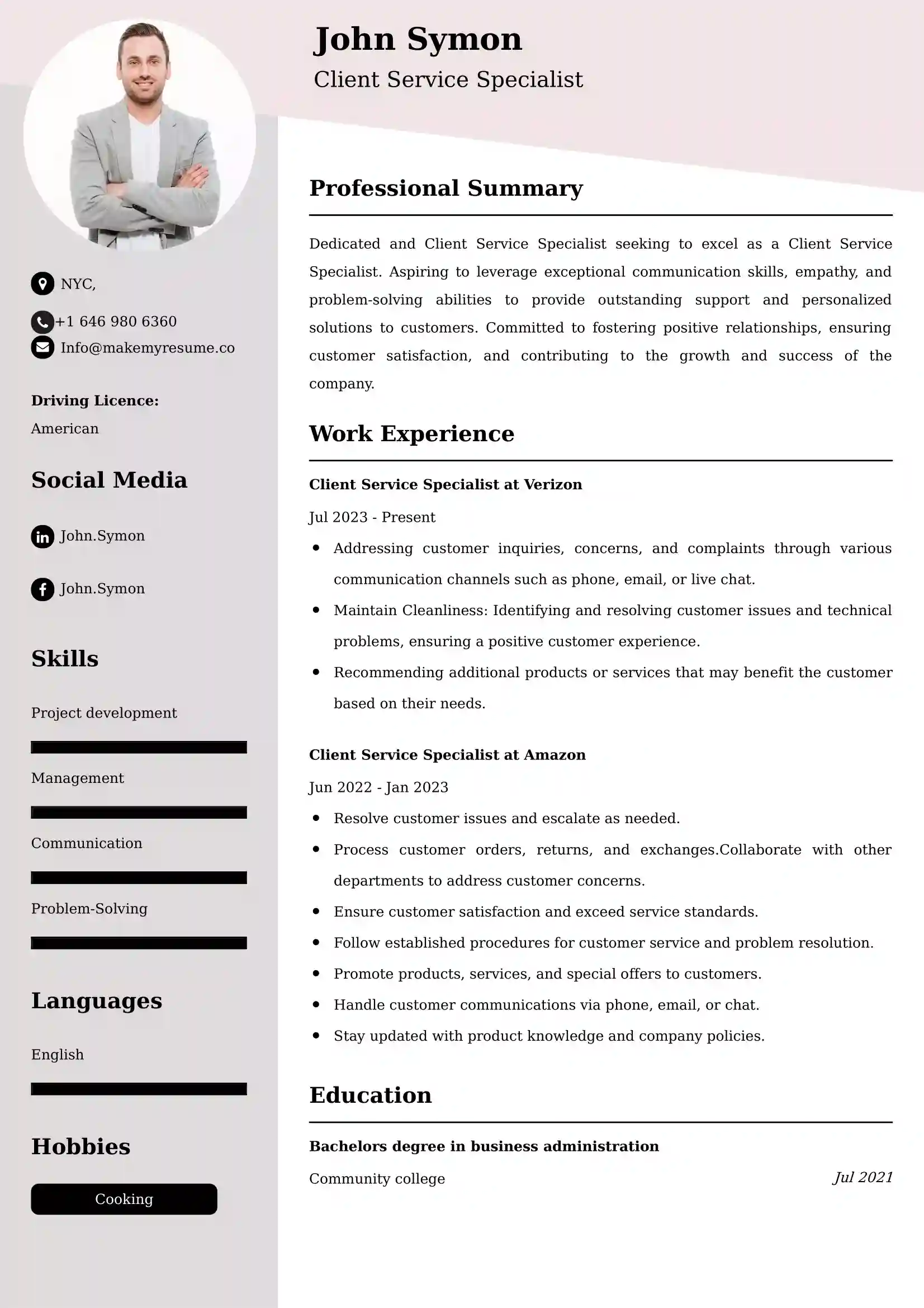 Client Service Specialist Resume Sample