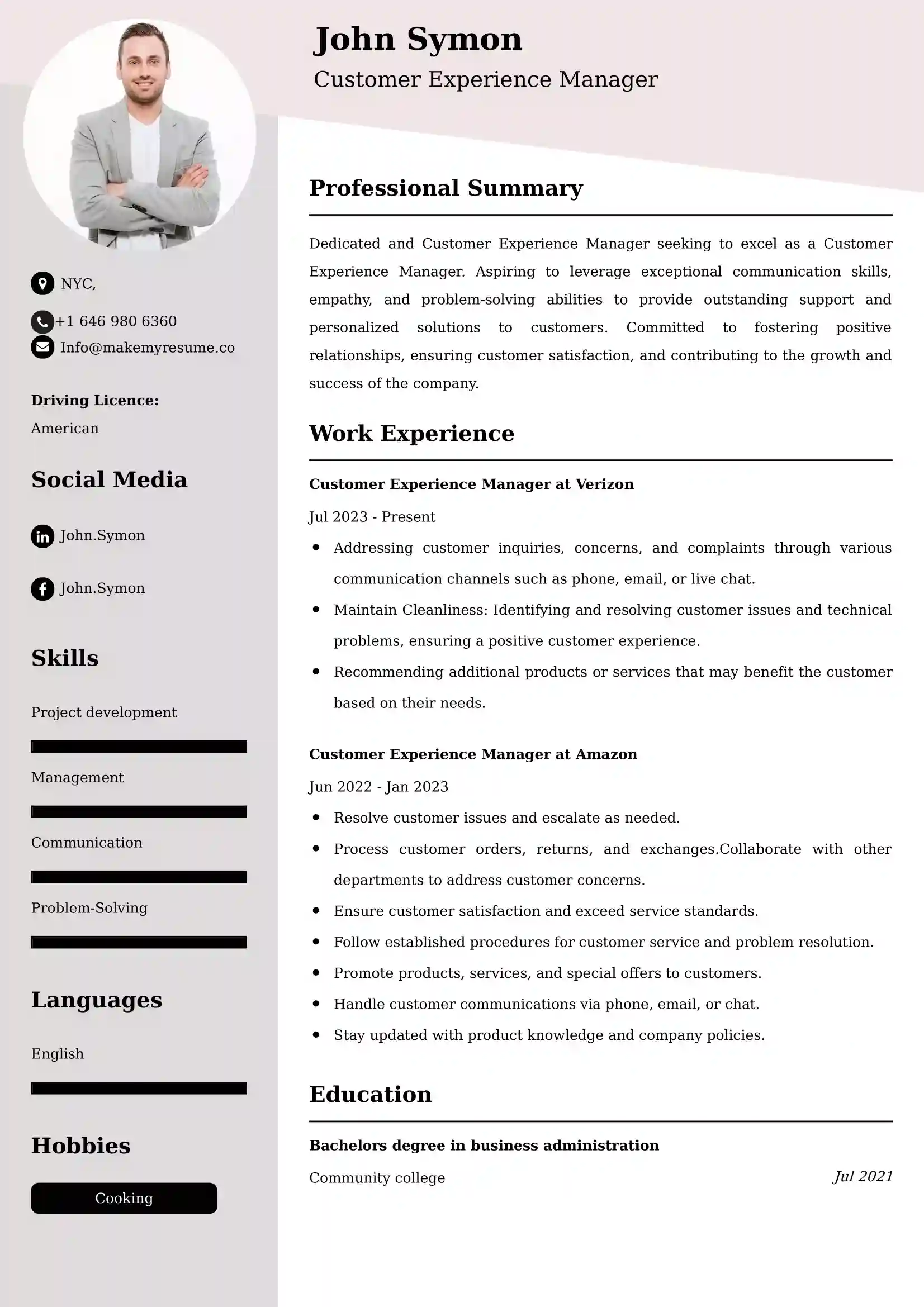Customer Experience Manager Resume Sample