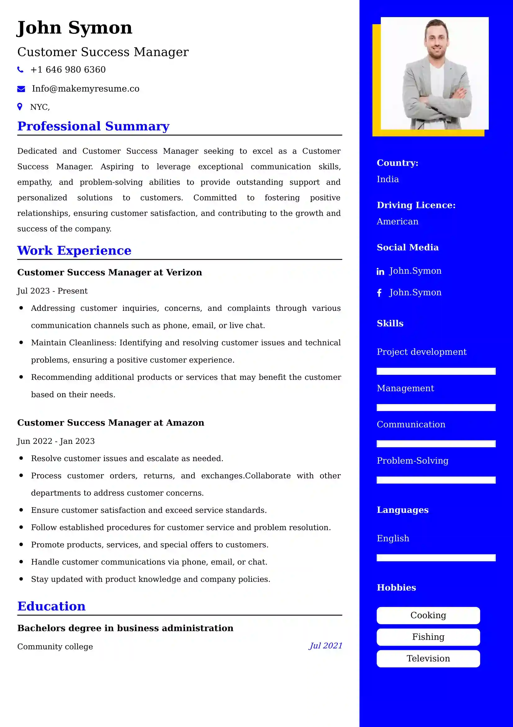 Customer Success Manager Resume Sample