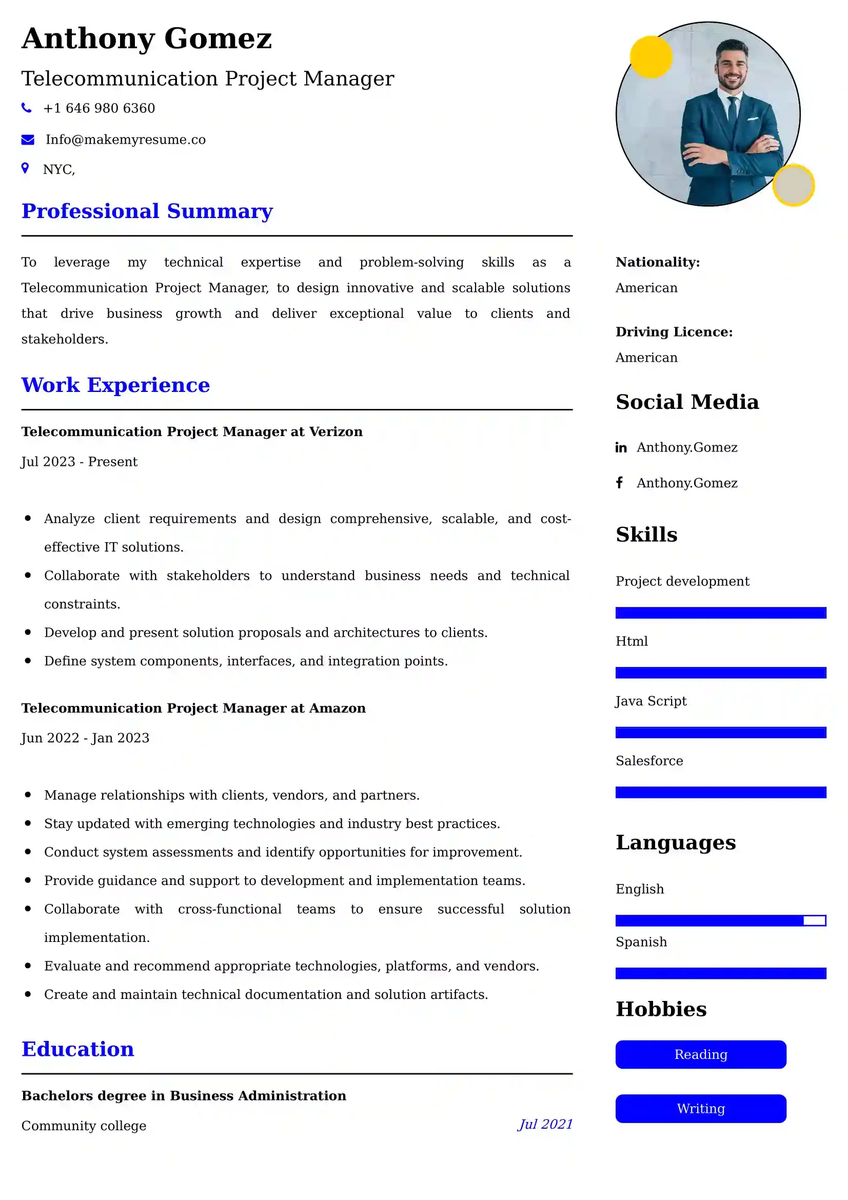 Telecommunication Project Manager Resume Example