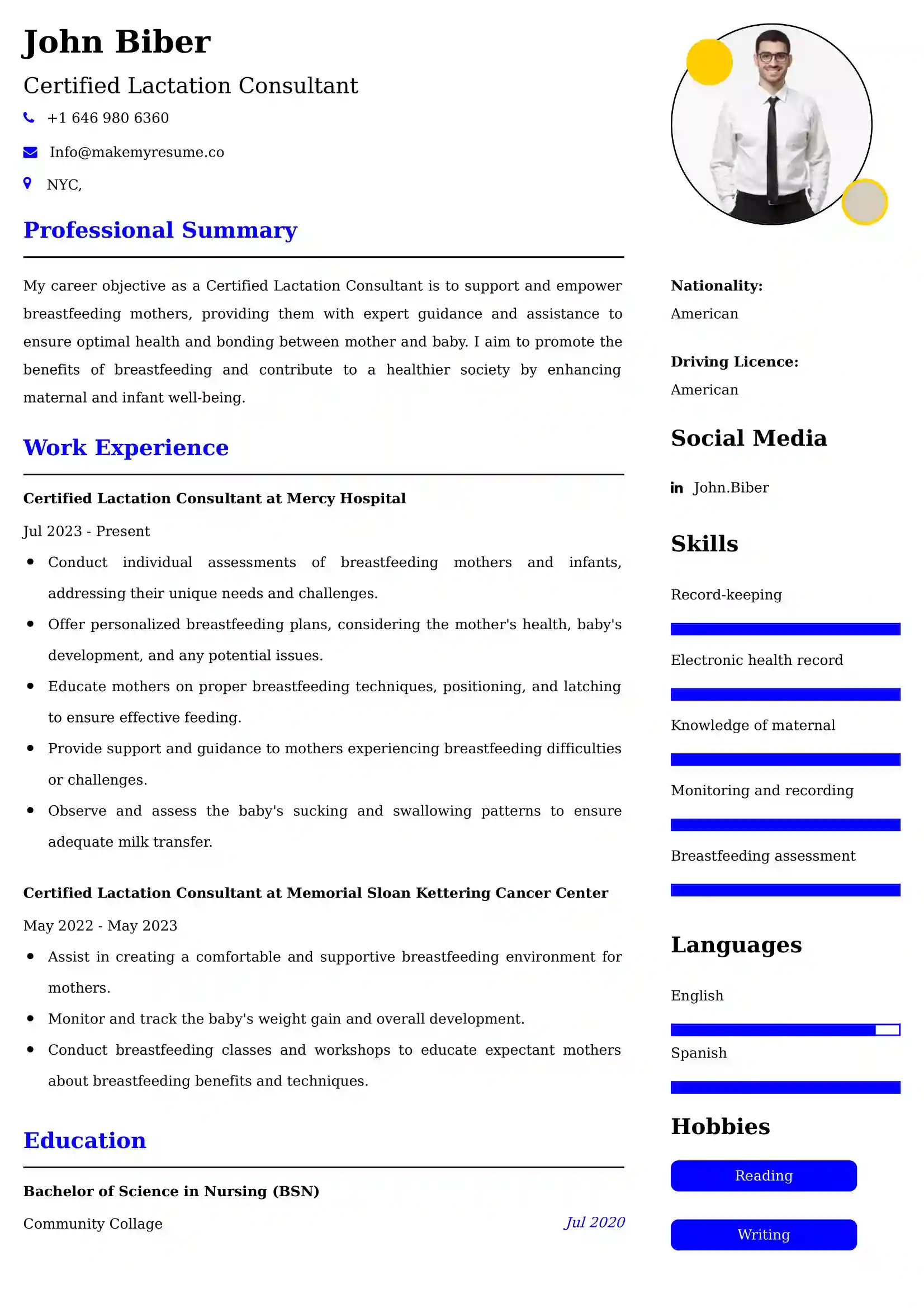 Certified Lactation Consultant Resume Example