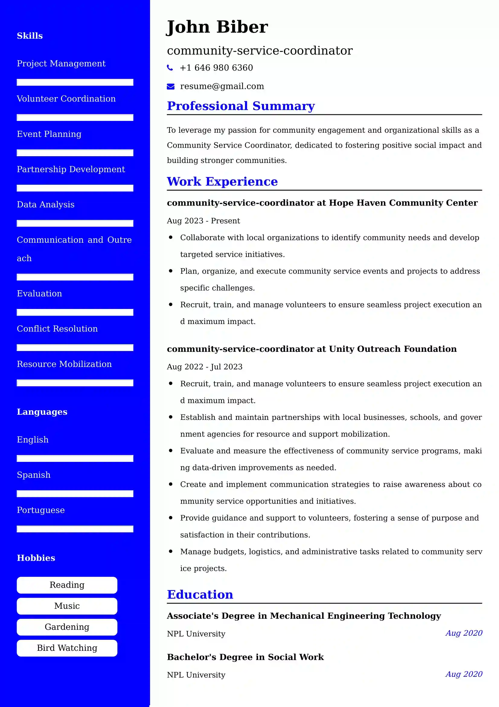 Community Service Coordinator Resume Sample