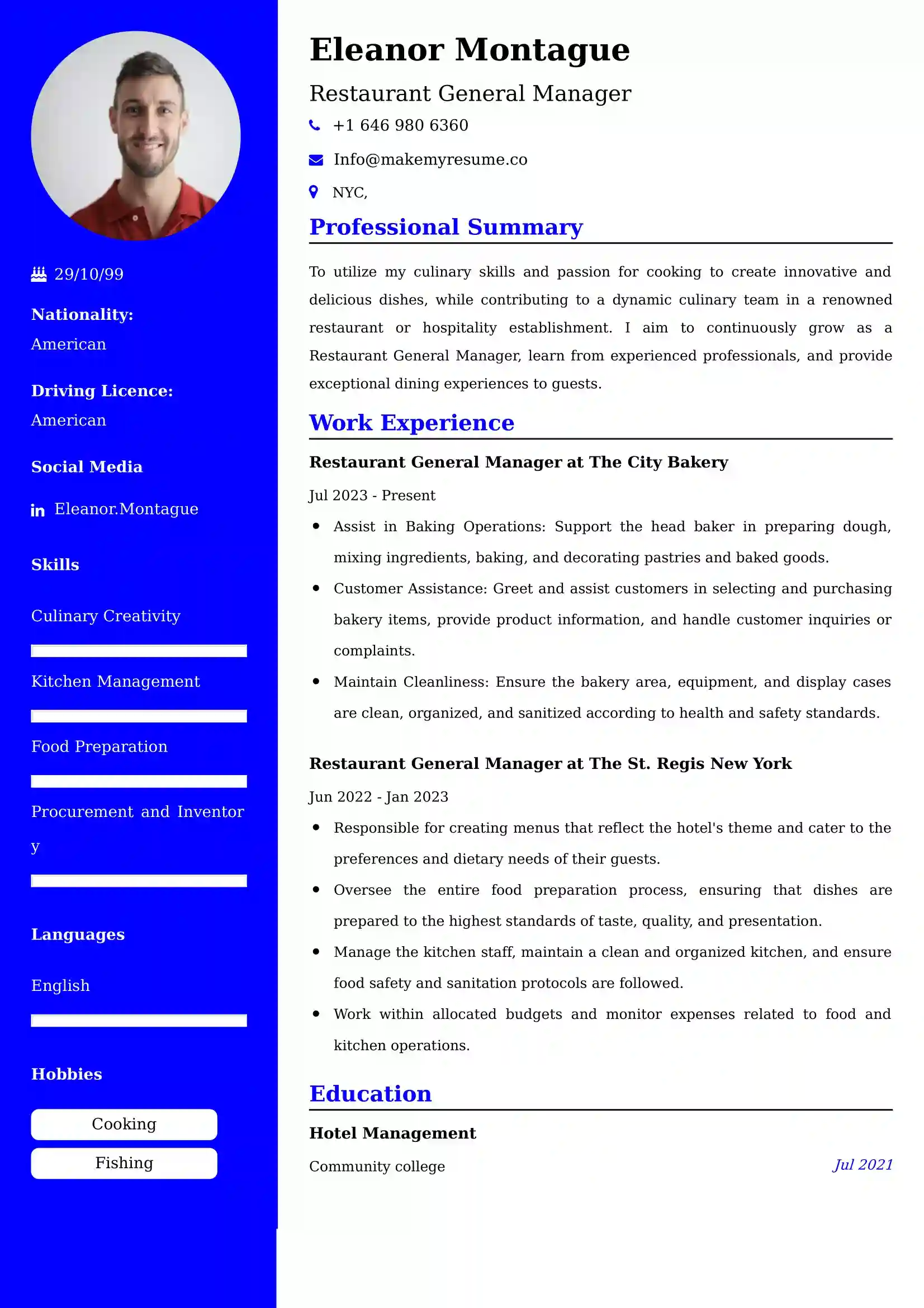 Restaurant General Manager Resume Example