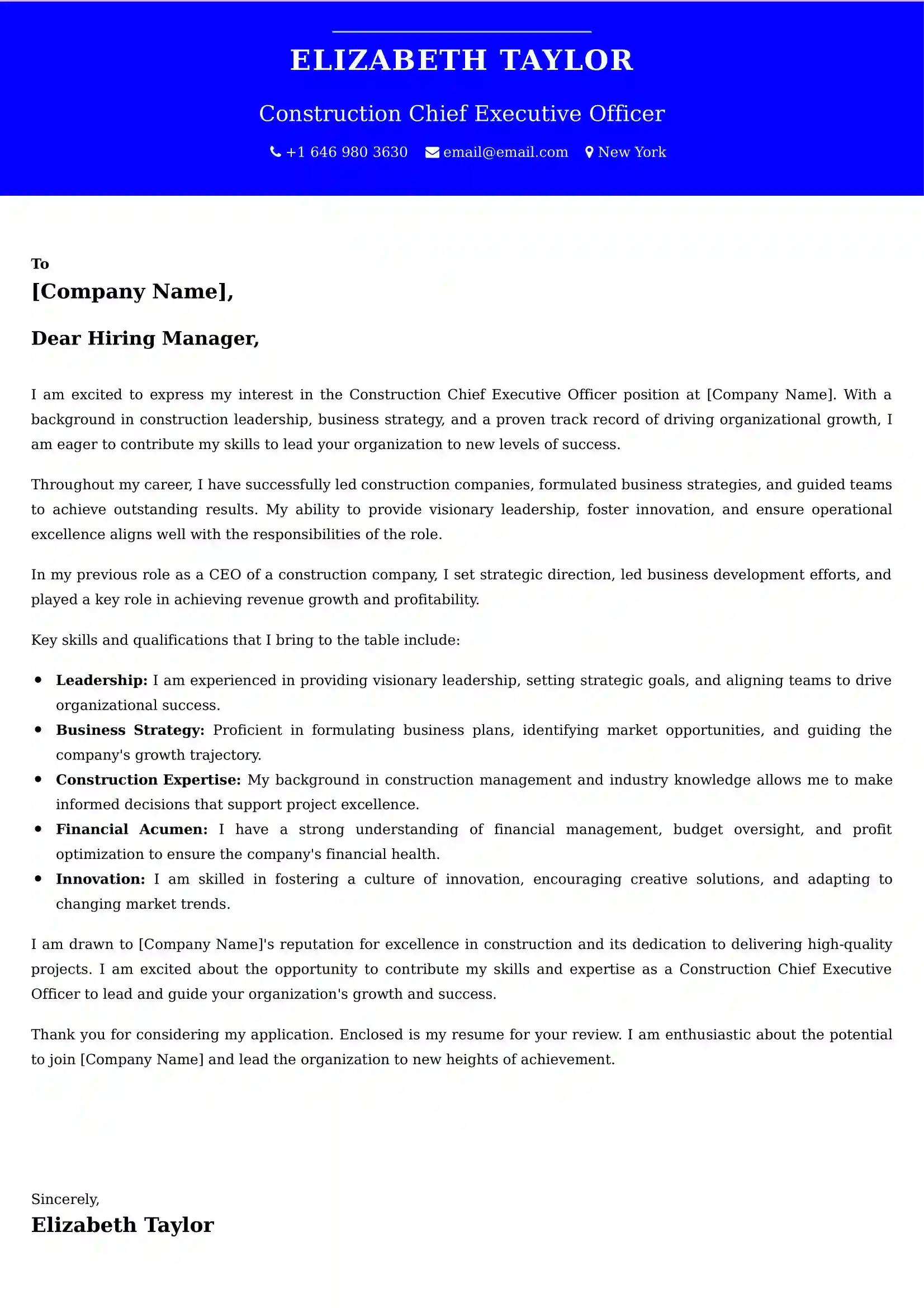 Construction Chief Executive Officer Cover Letter Sample
