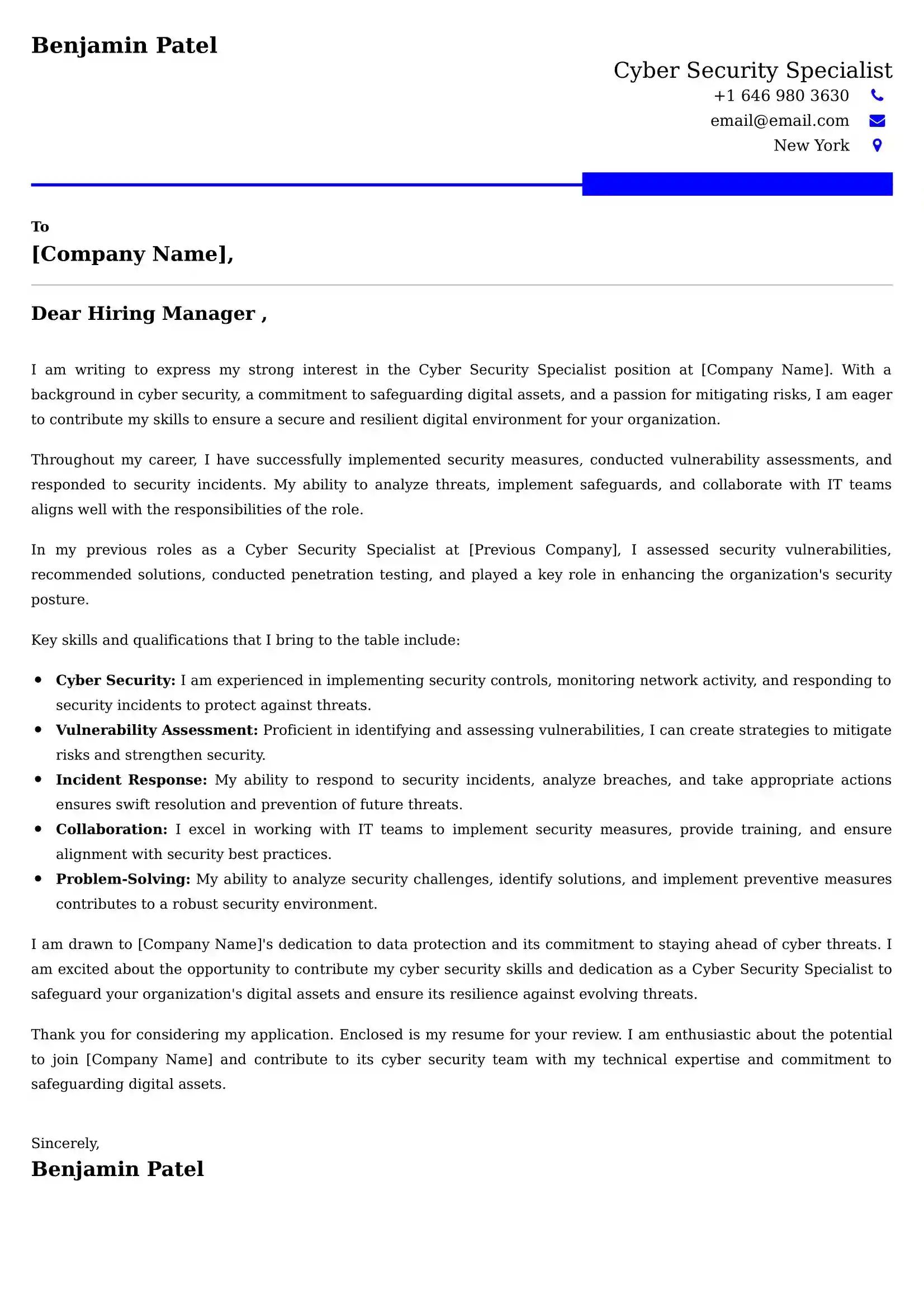 Cyber Security Specialist Cover Letter Sample