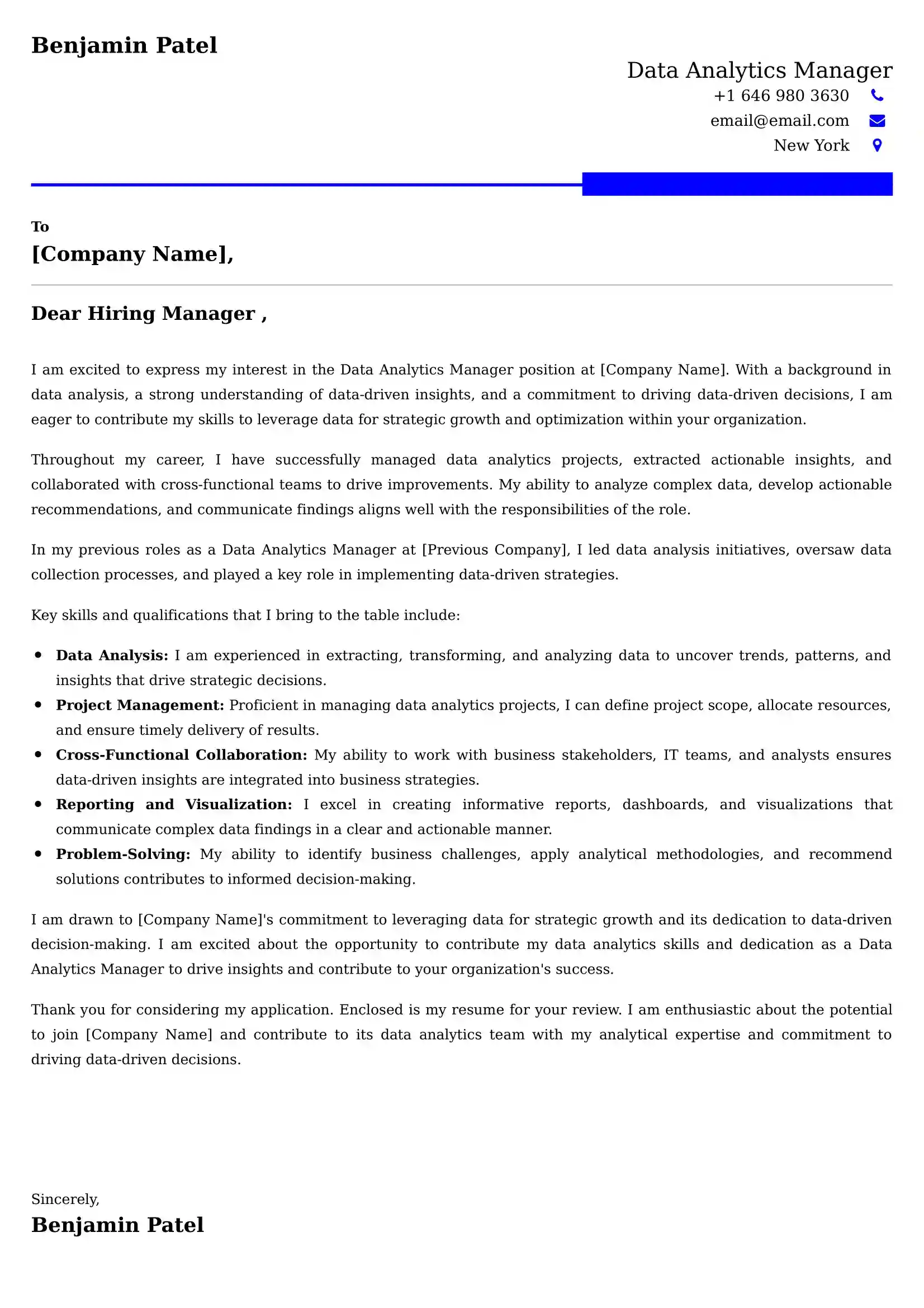 Data Analytics Manager Cover Letter Sample