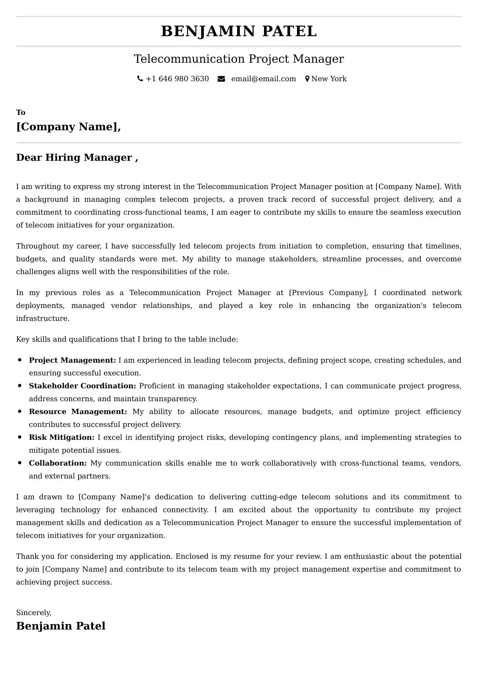 Telecommunication Project Manager Cover Letter Sample