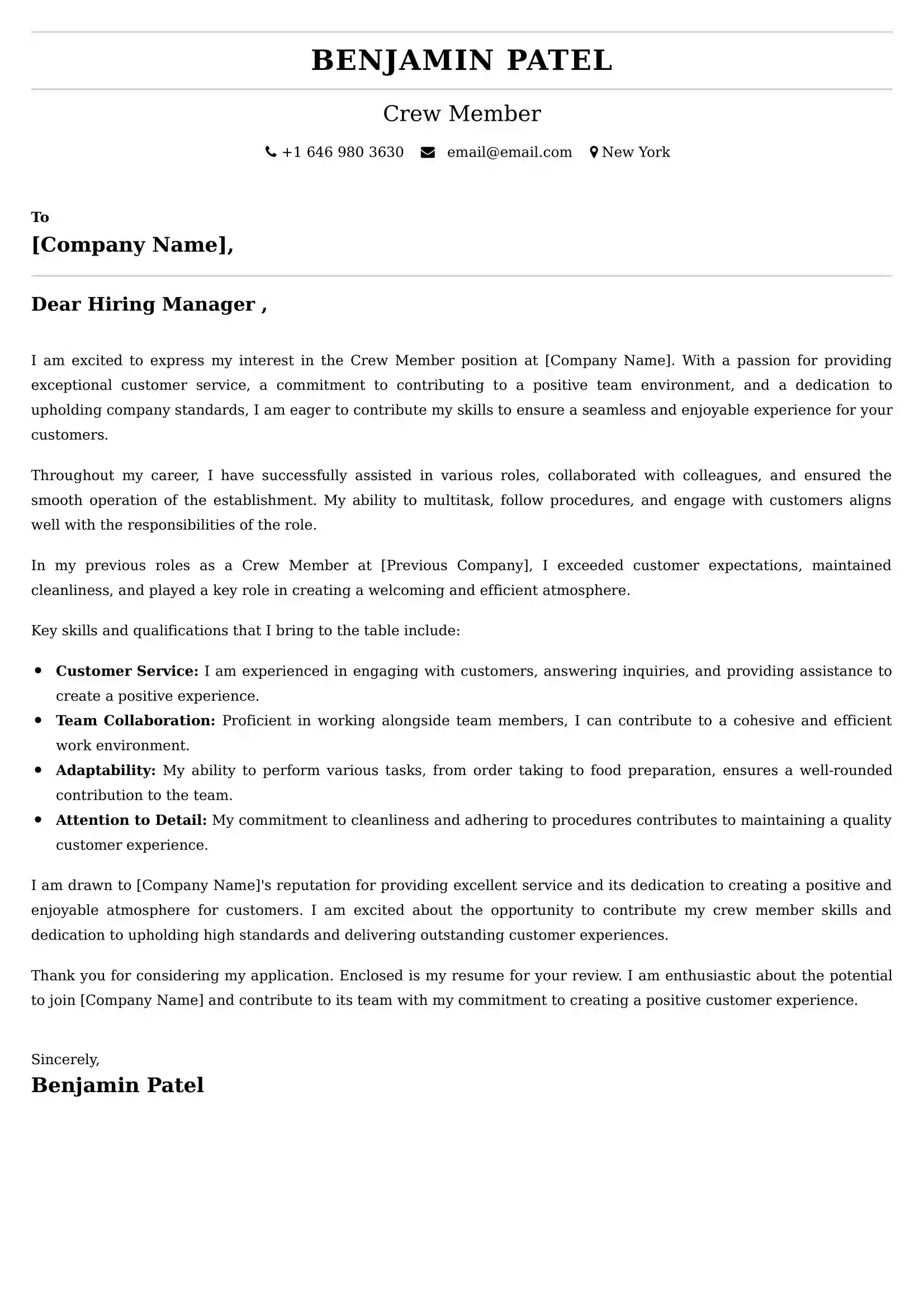 Crew Member Cover Letter Sample