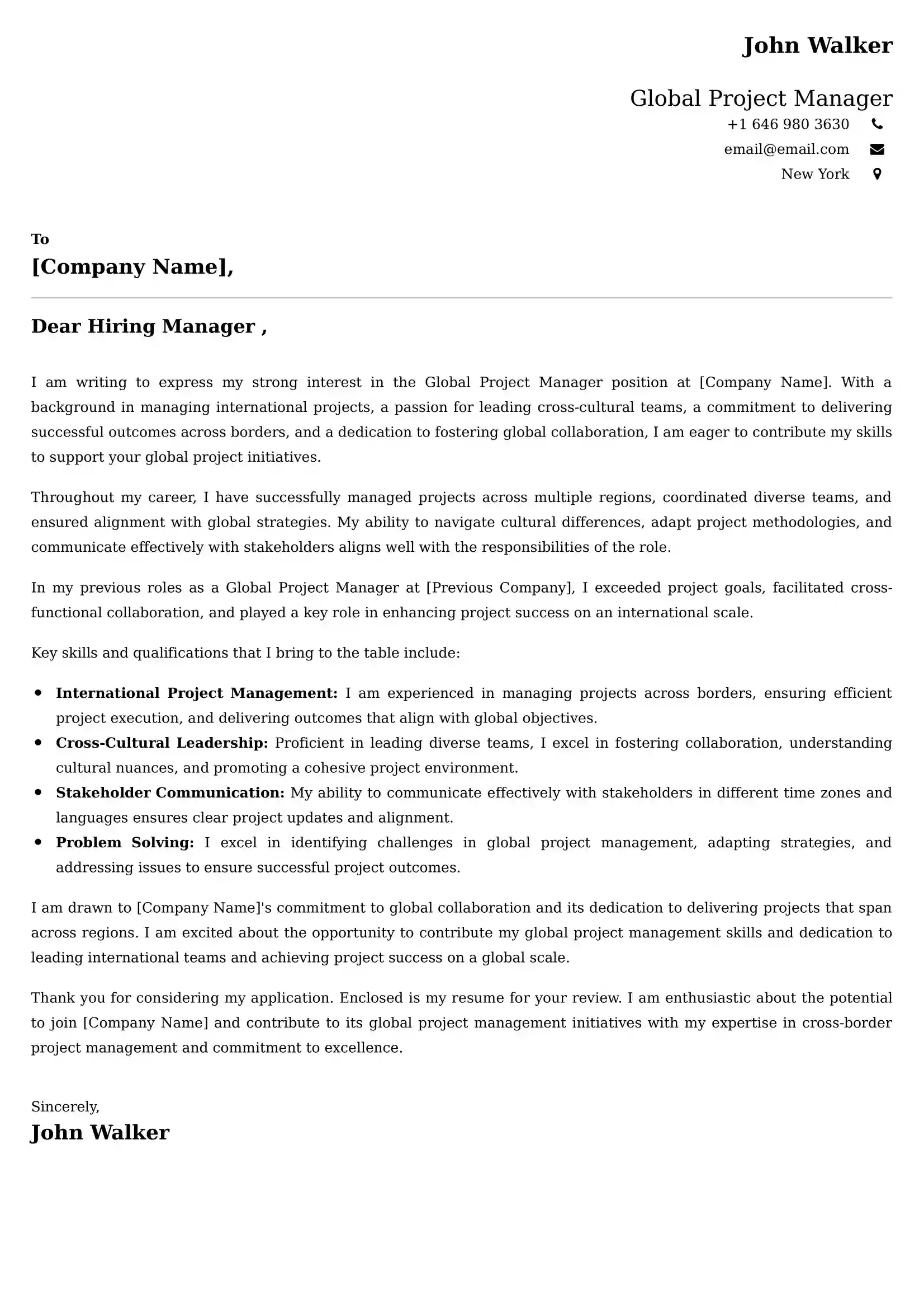 Global Project Manager Cover Letter Sample