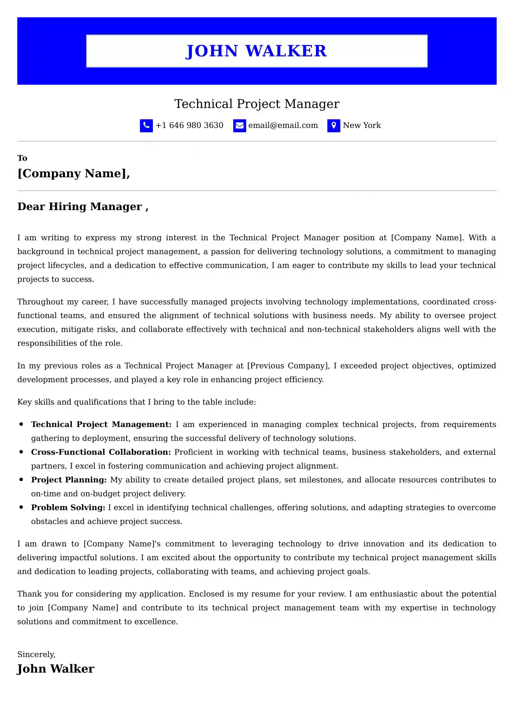 Technical Project Manager Cover letter Sample