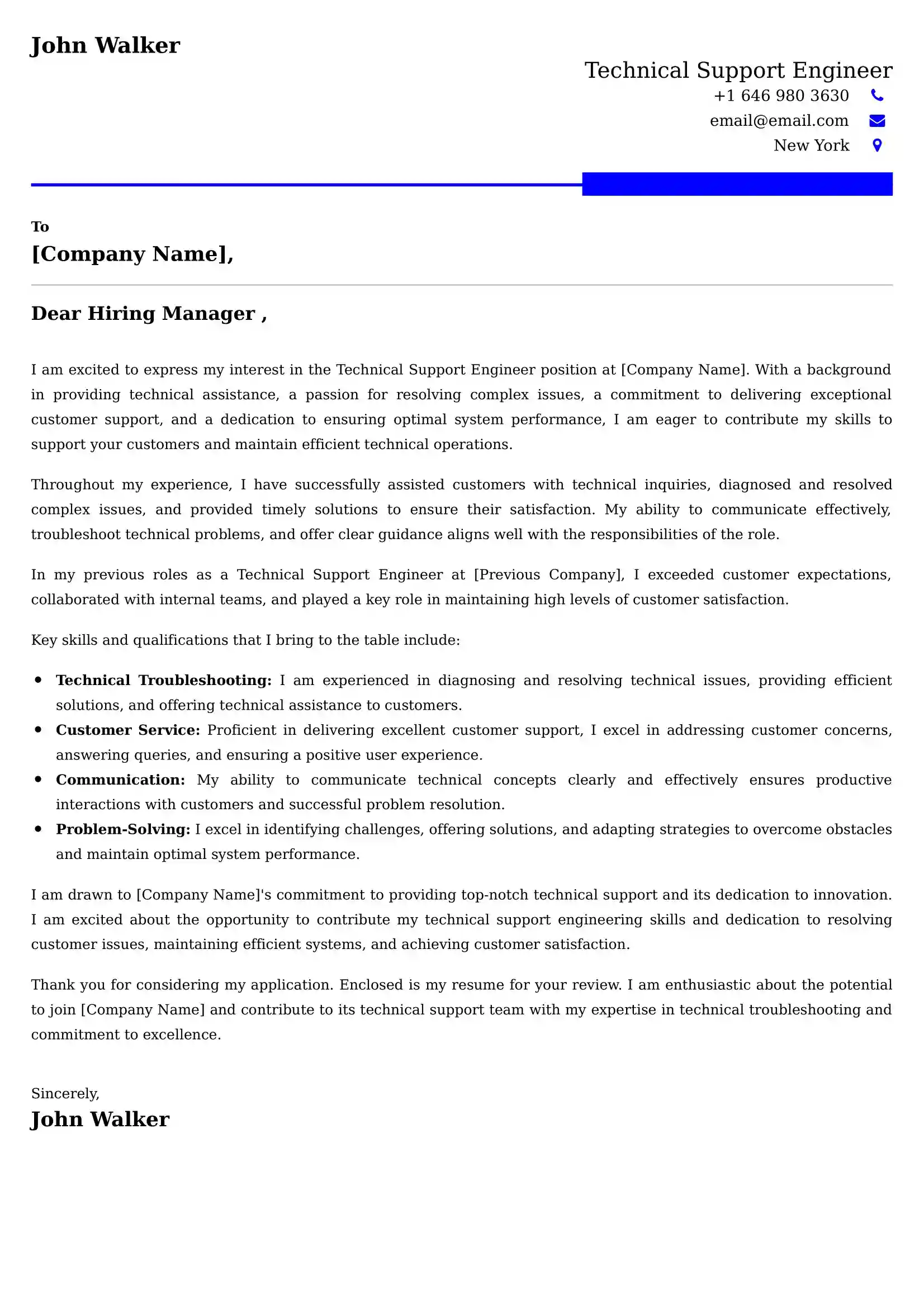 Technical Support Engineer Cover Letter Sample