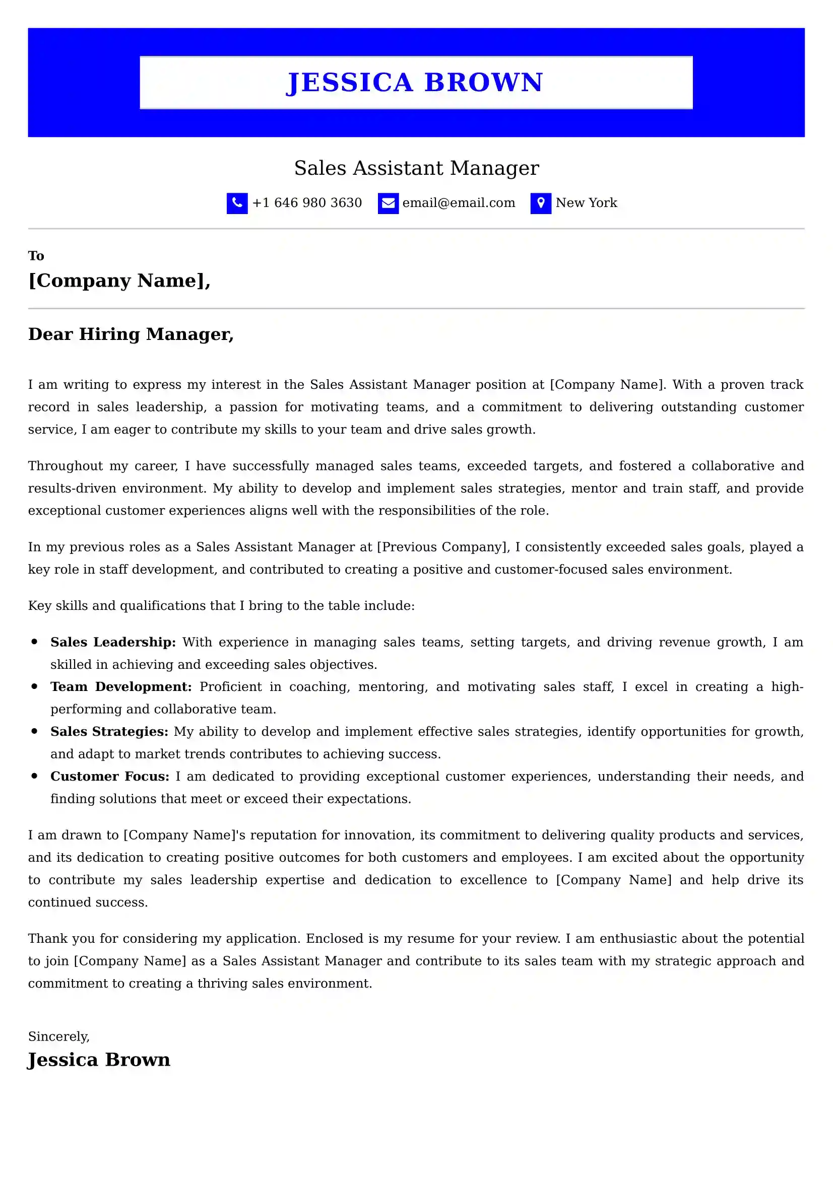 Sales Assistant Manager Cover Letter Sample