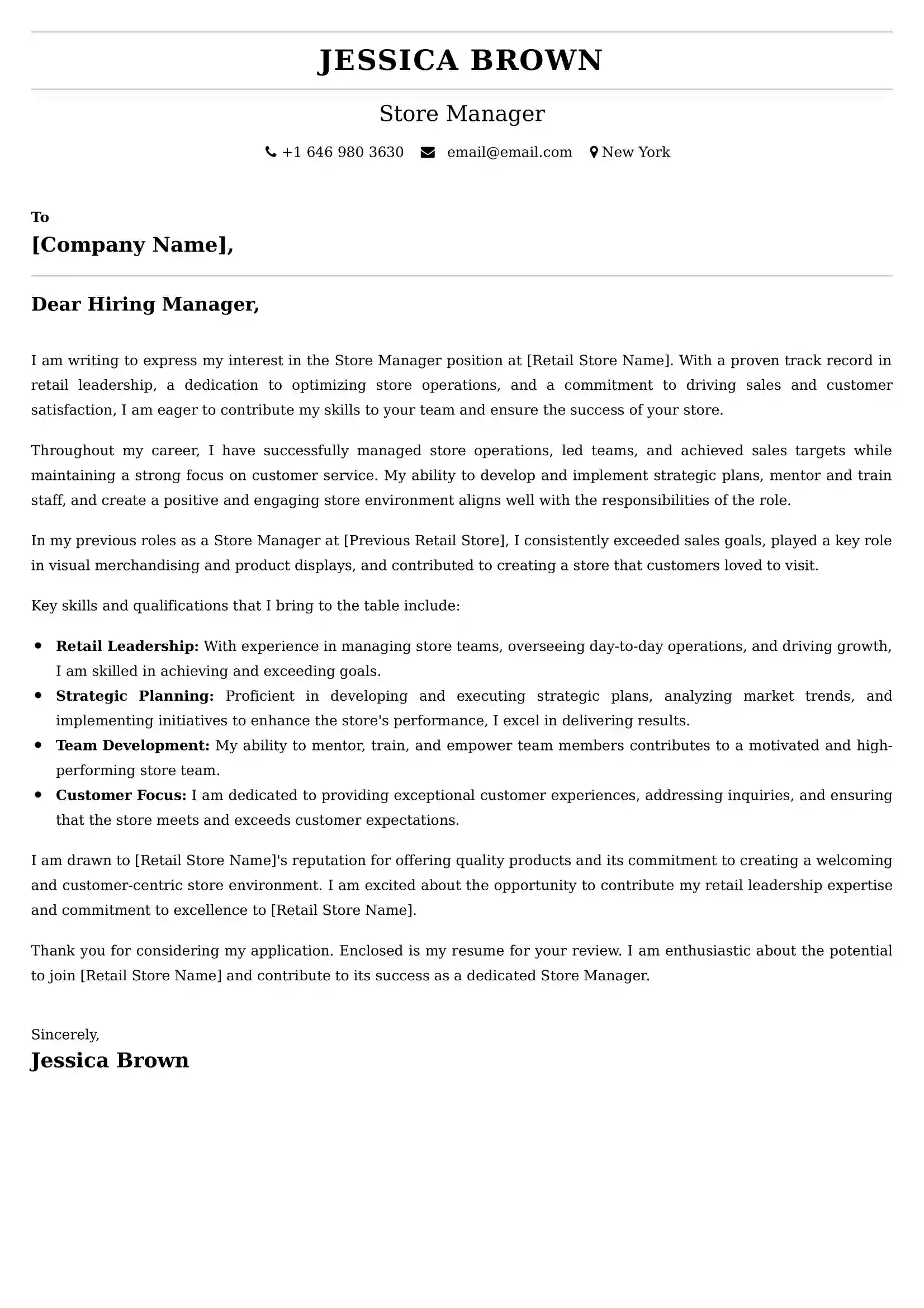 Store Manager Cover letter Sample