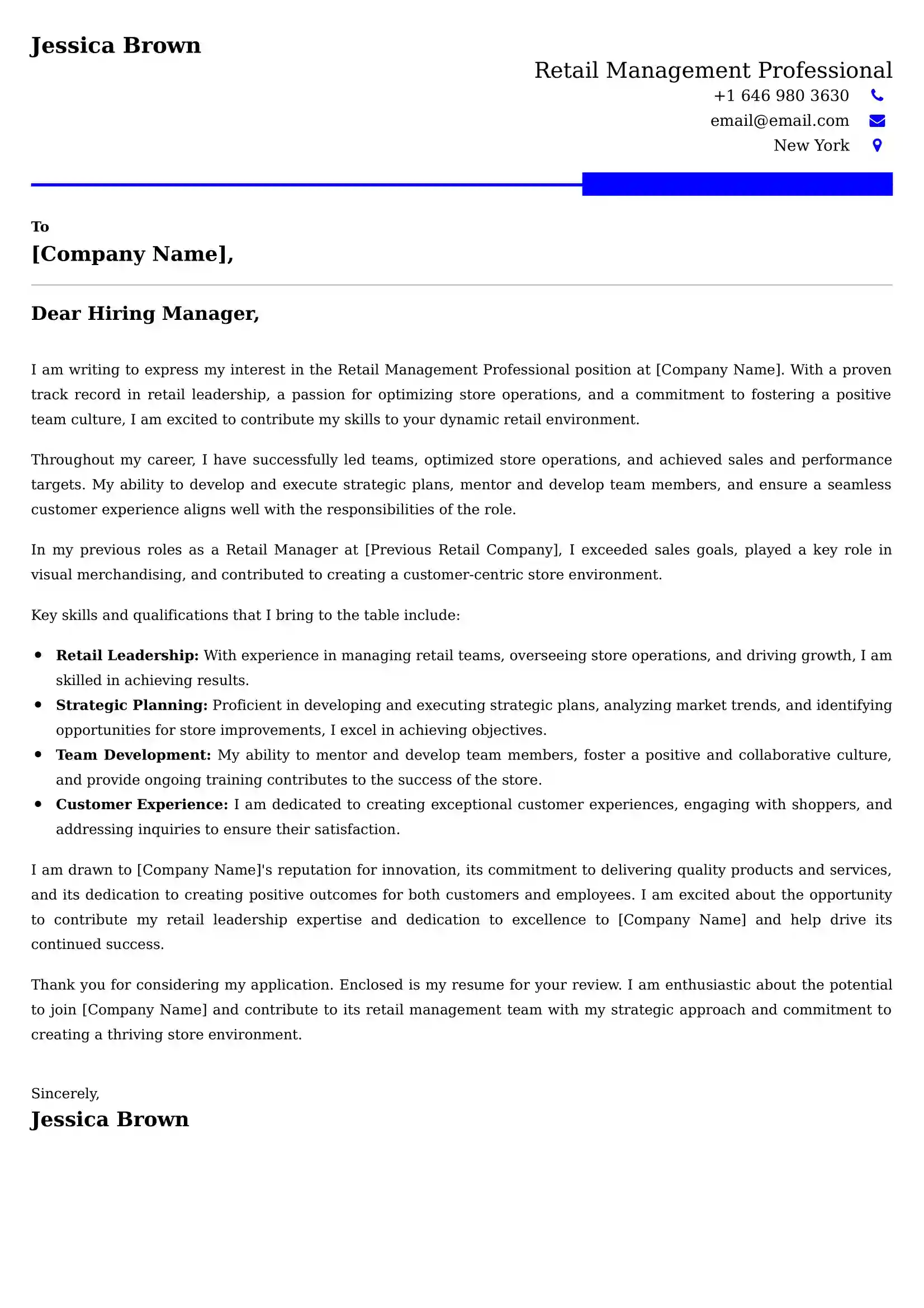 Retail Management Professional Cover Letter Sample