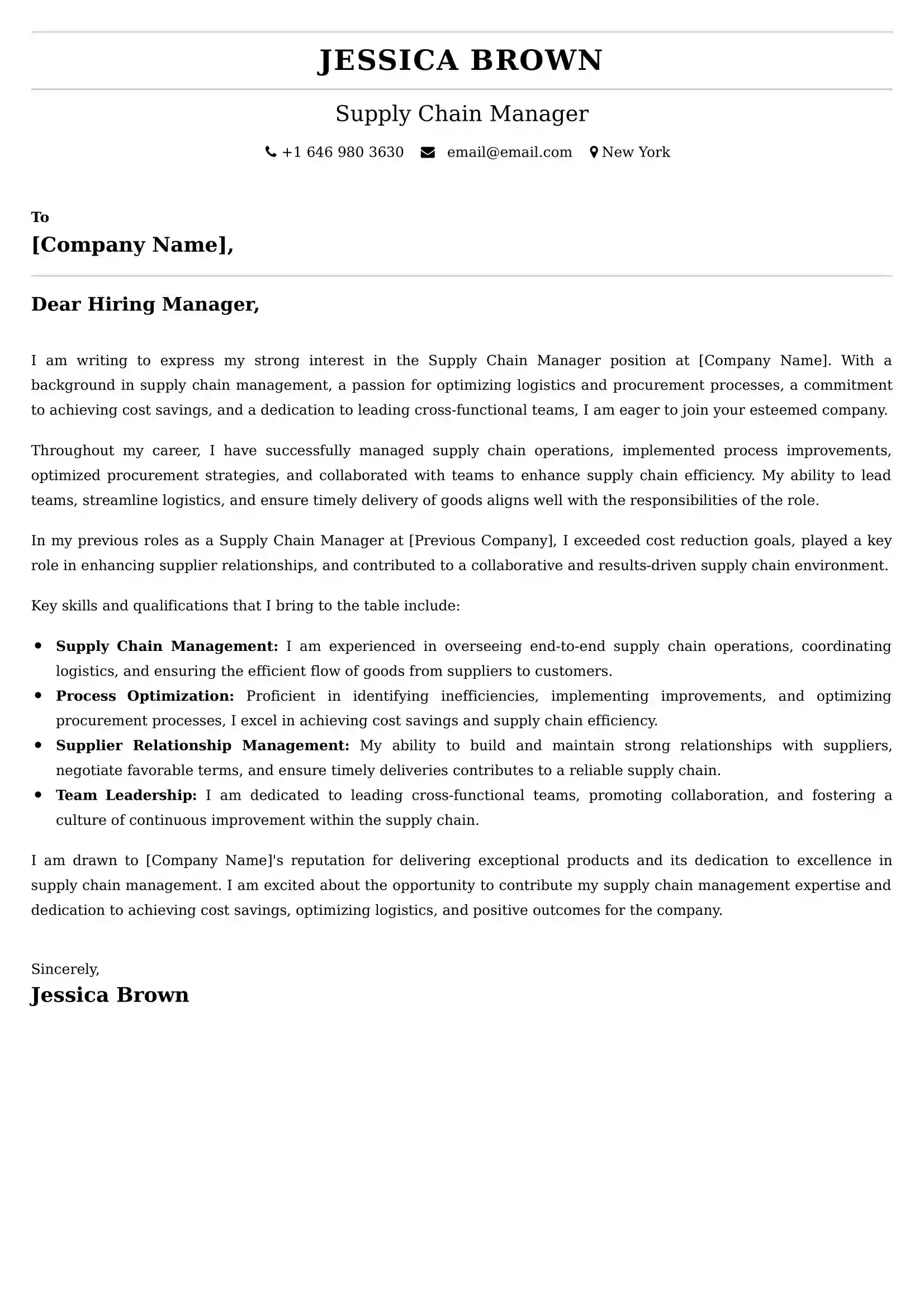 Supply Chain Manager Cover Letter Sample