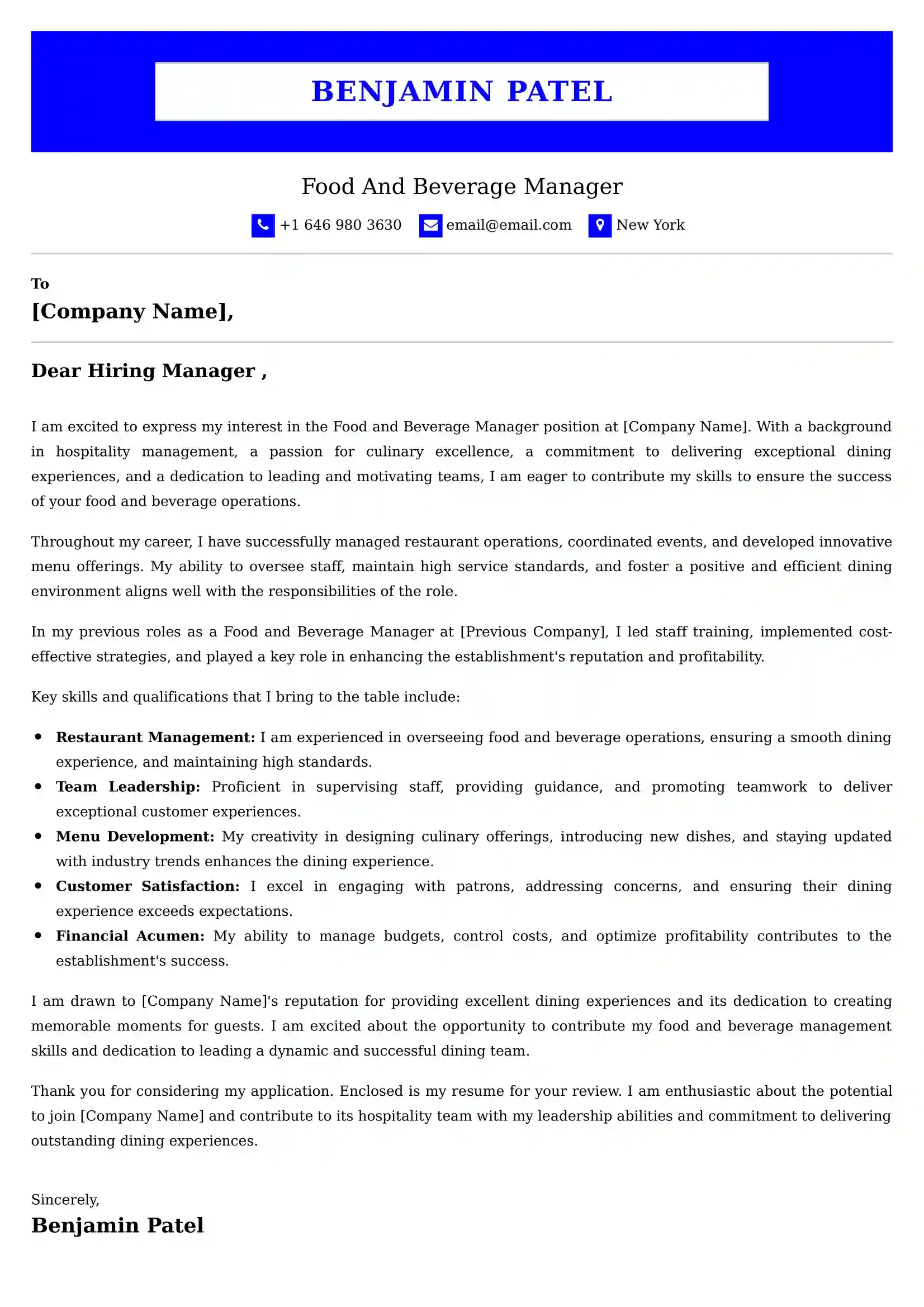 Food And Beverage Manager Cover Letter Sample