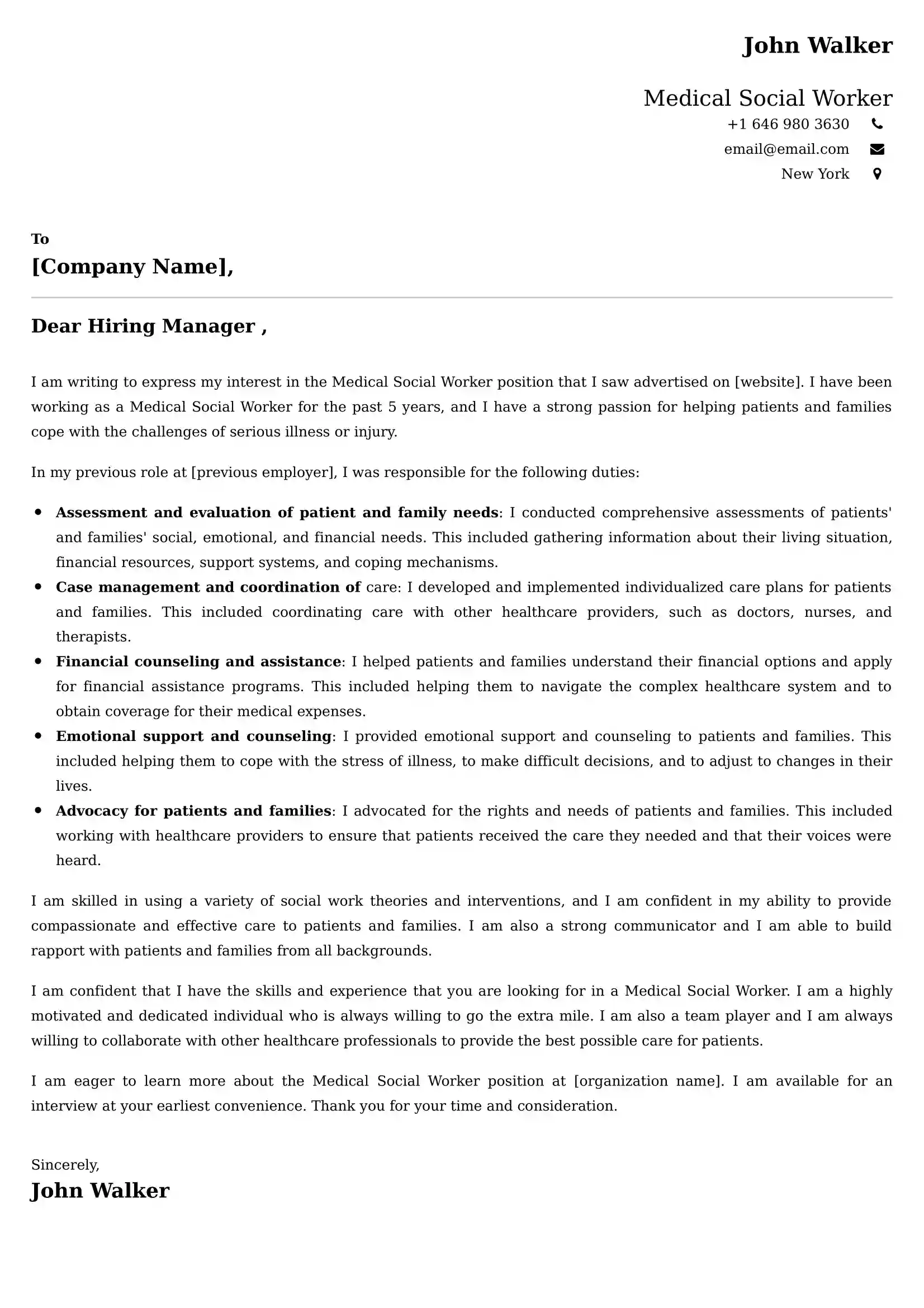 Medical Social Worker Cover Letter Sample